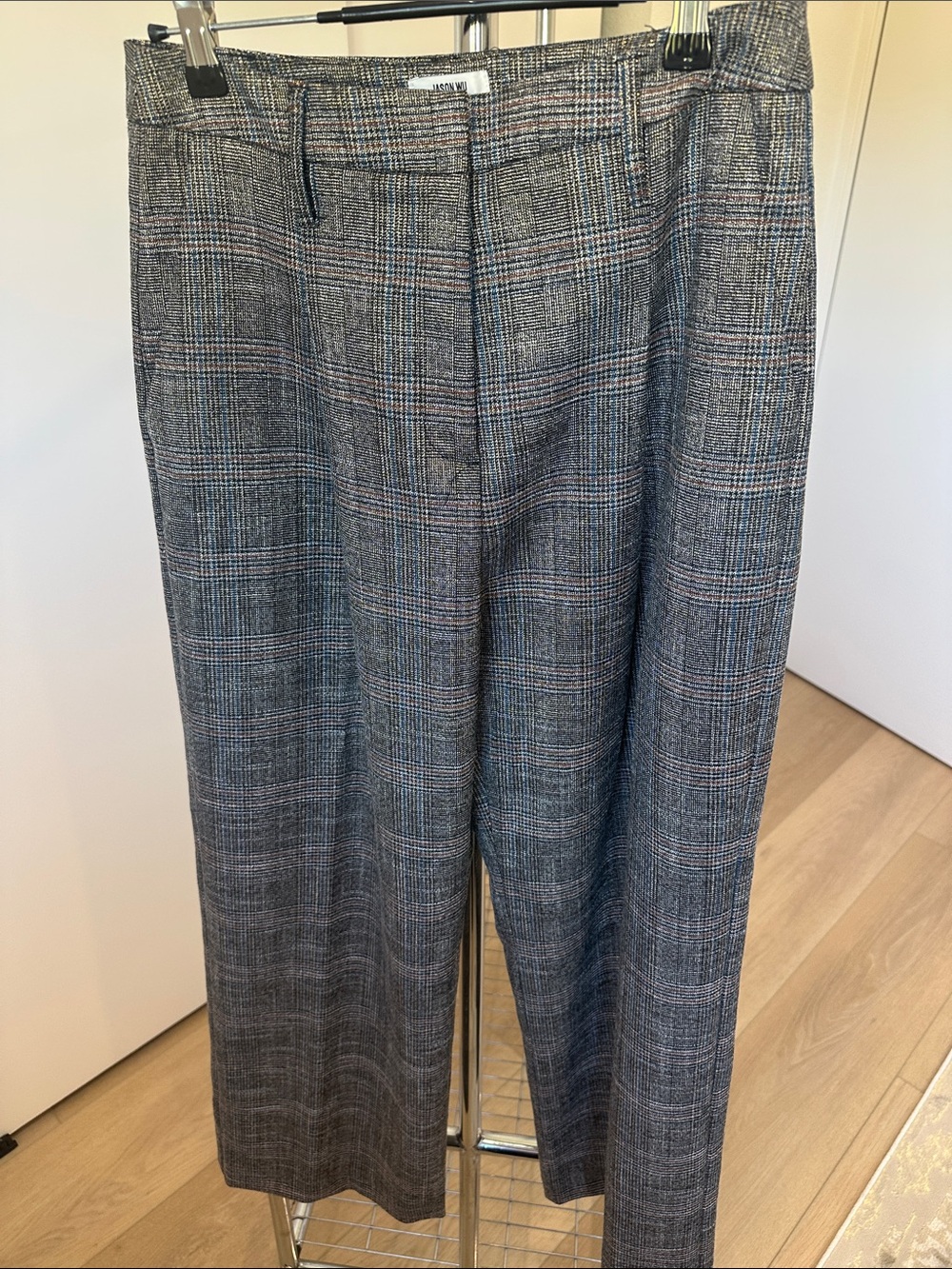 Jason Wu Gray Glen Plaid Trousers with Blue, Brown, and Gold Metallic Thread
